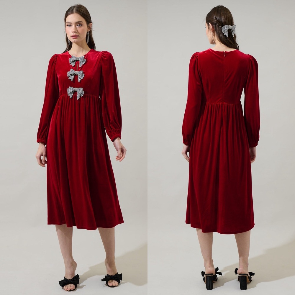 Sugarlips Red Jena Glow Bow Velvet Midi Dress Rhinestone Long Sleeve XS Holiday